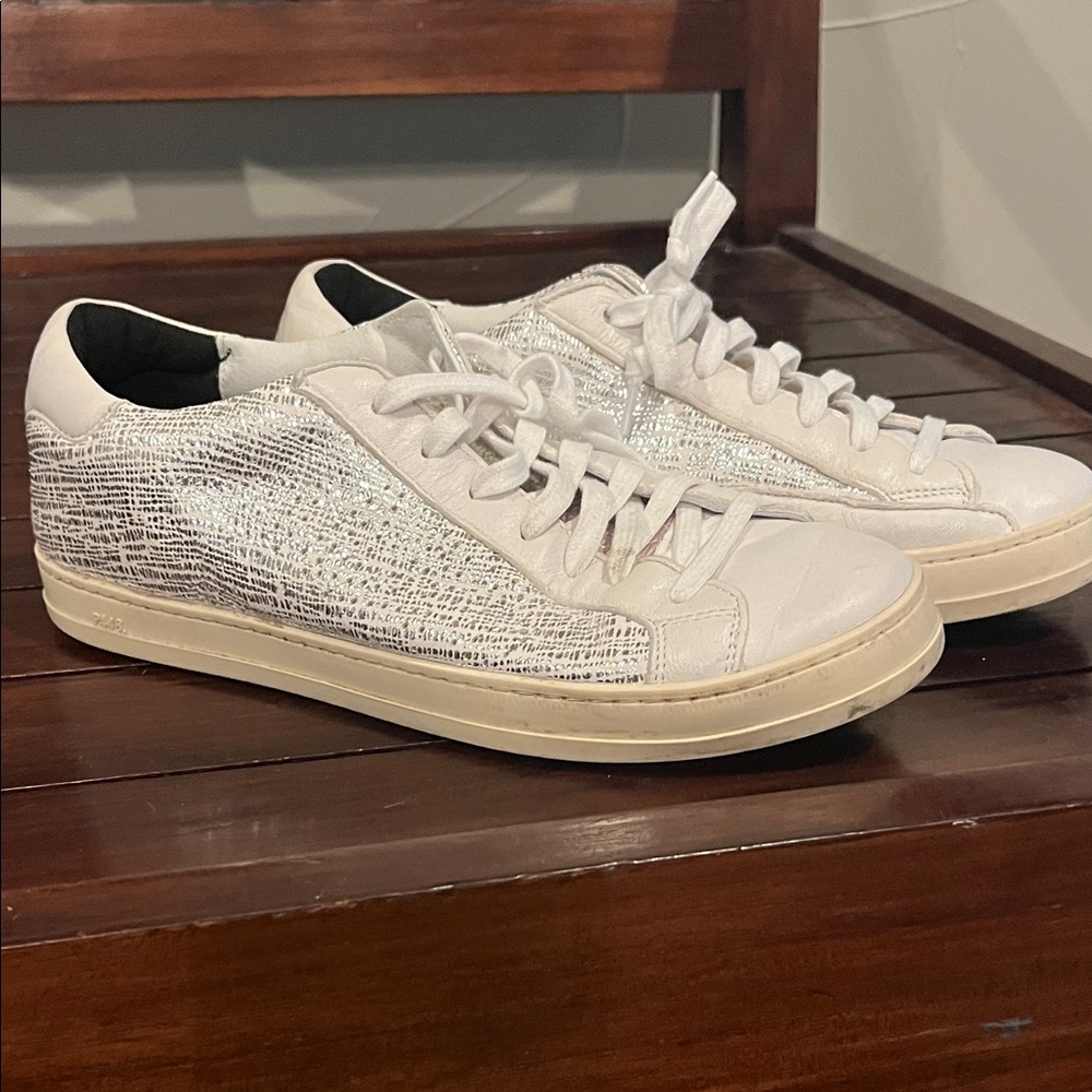 P448 Women's White and Silver Textured Sneakers
